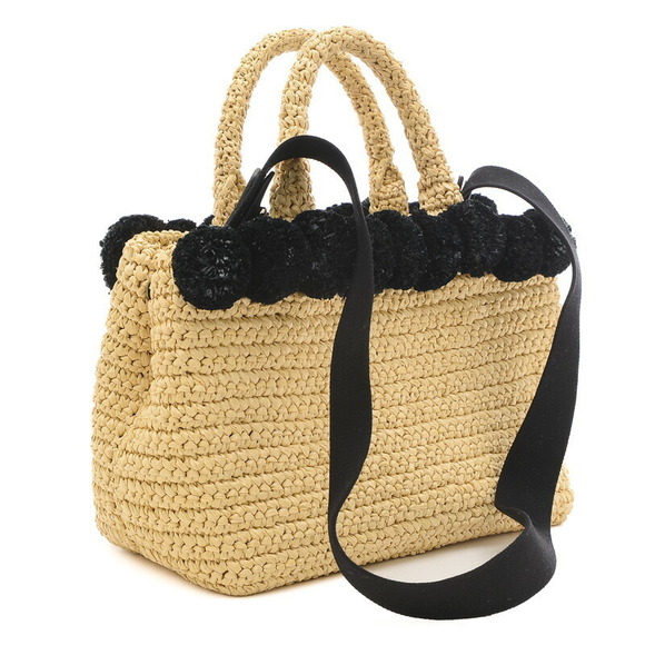 Prada Raffia PomPom Basket Bag Tote Black - Picture 2 of 6